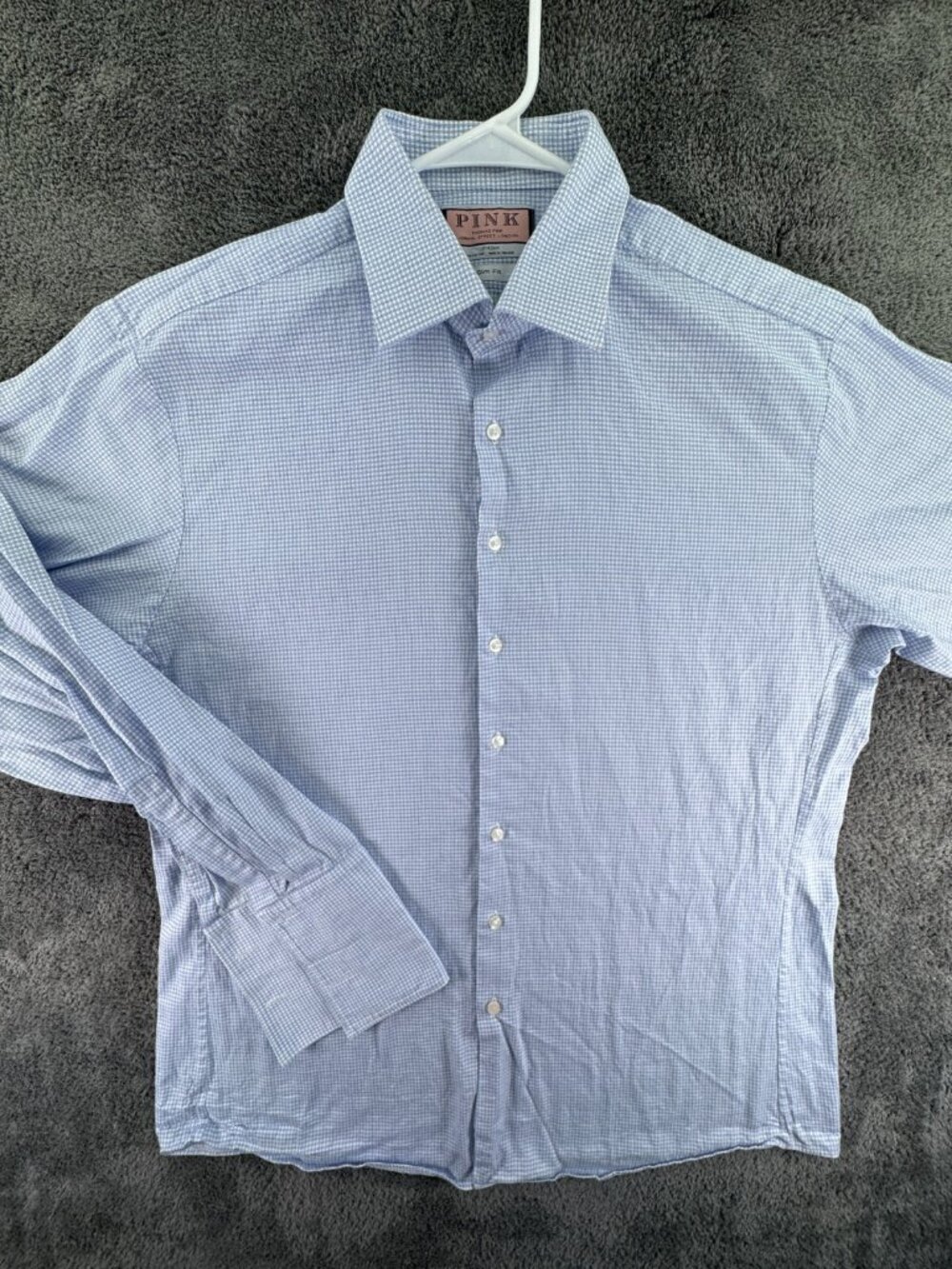 Thomas Pink Long Sleeve Casual Button Up Shirt Men Blue Check Size 17 Slim Fit